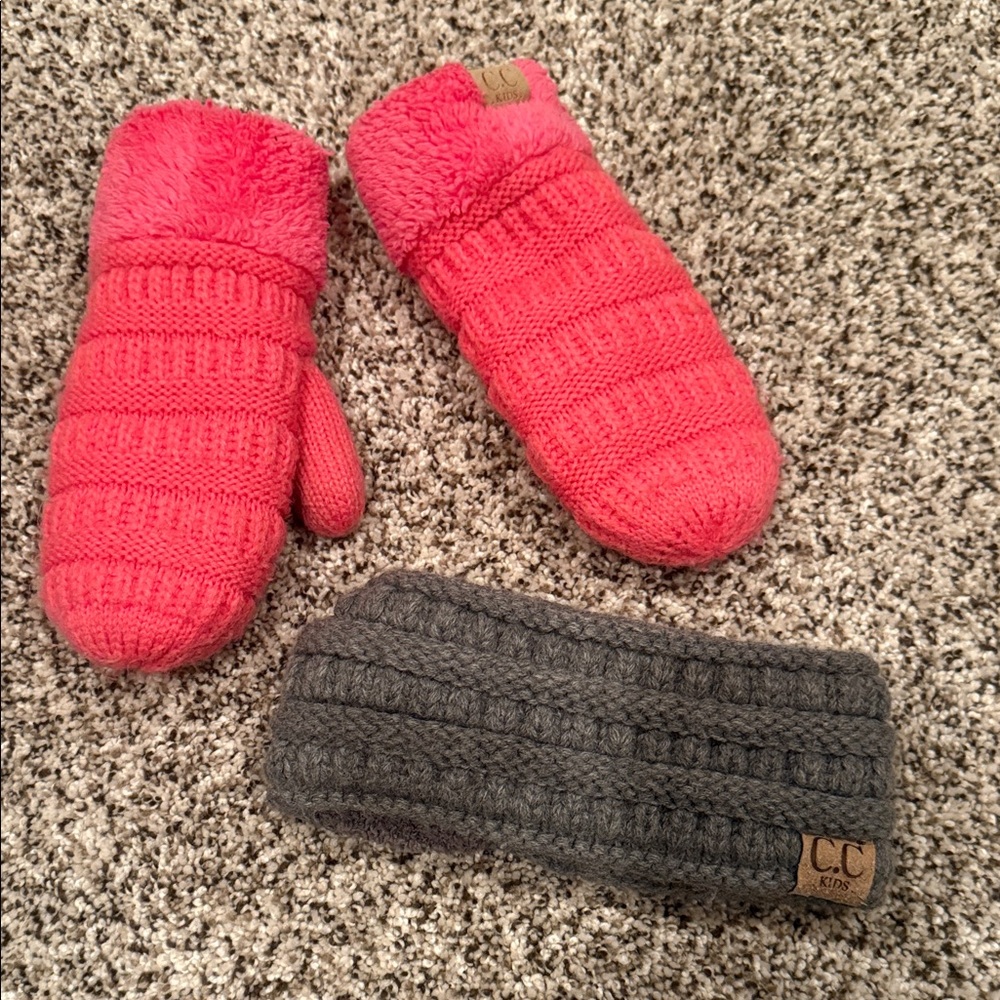 CC Coral Mittens and Charcoal Headband Set